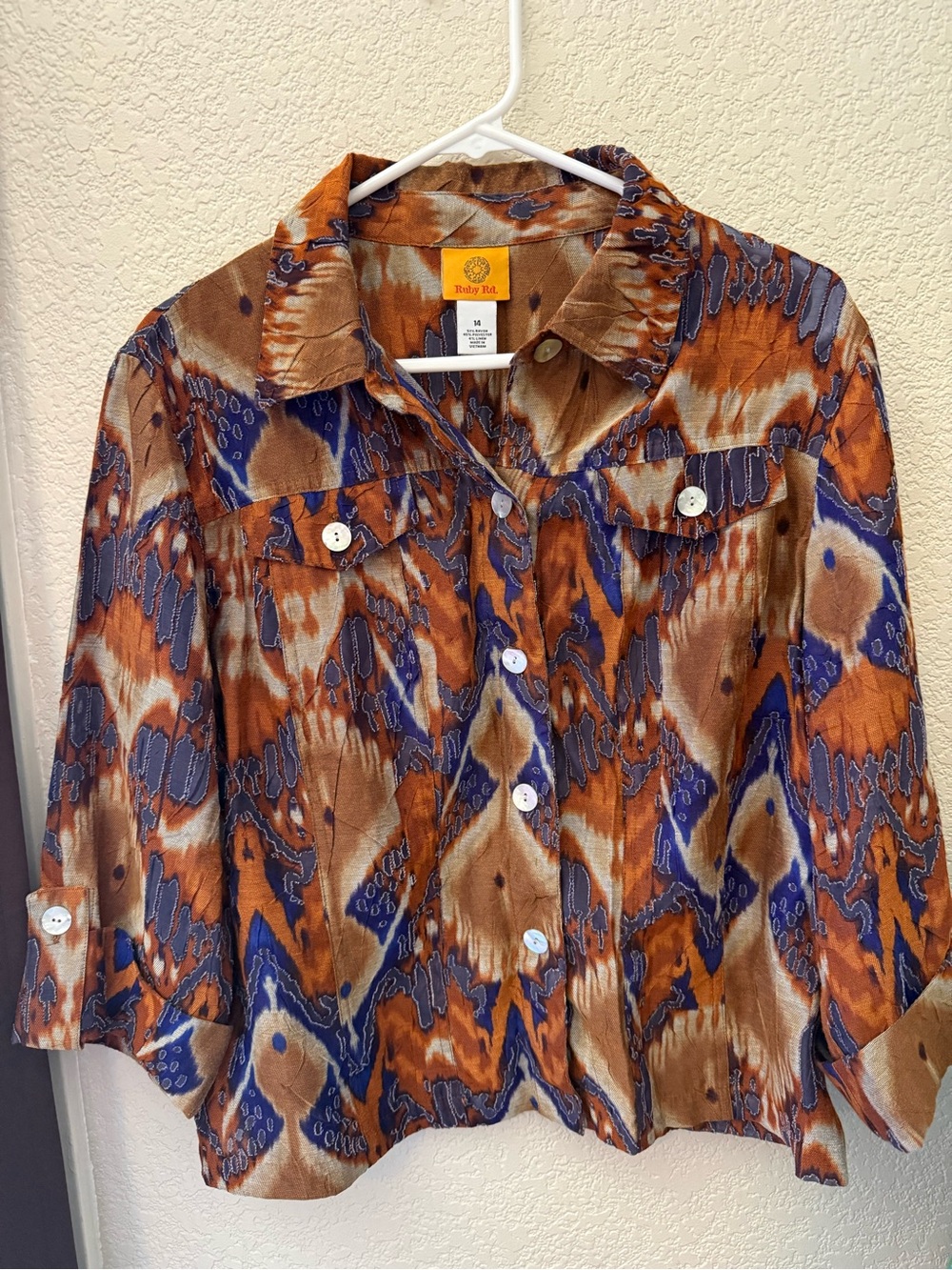 Ruby Rd. Orange Blue Brown Patterned Button-Down Top